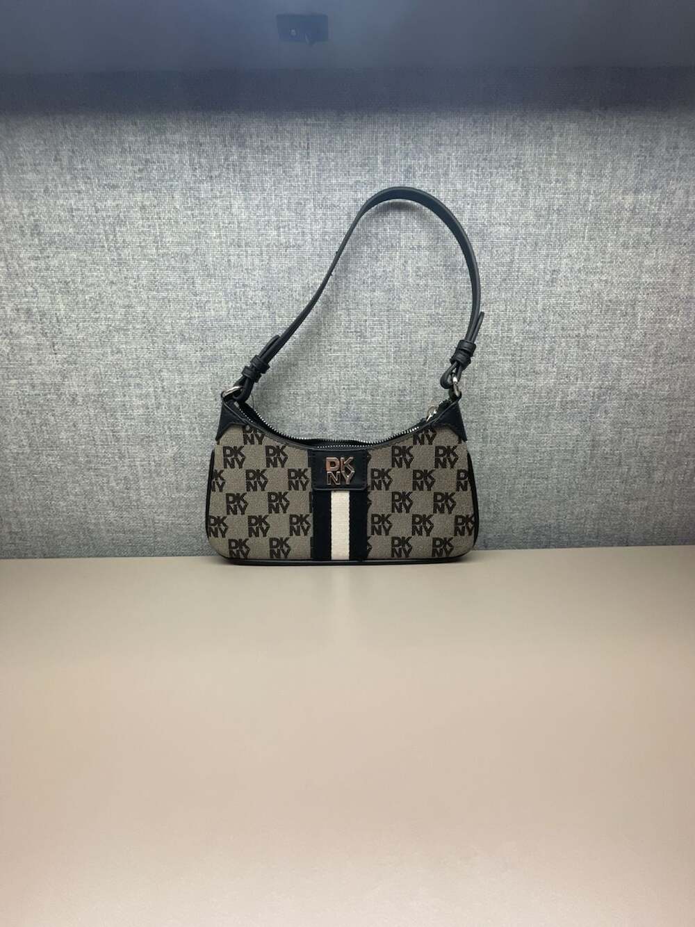 DKNY Logo Print Shoulder Bag Black and Beige